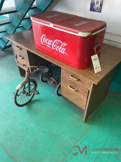 COCA COLA COOLER, TRICYCLE, 5' WOODEN DESK