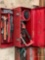 RED TOOL BOX WITH NUMEROUS HAND TOOLS