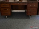 WOODEN DESK AND TWO END TABLES