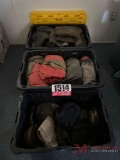 (3) BLACK CRATES OF KNEE PADS, RUBBER BOOTS, AND LEGGINGS