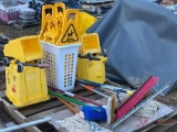 PALLET OF MOP BUCKETS, MOPS AND BROOMS