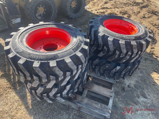 (4) NEW 12-16.5 SKID STEER TIRES AND BOBCAT/KUBOTA WHEELS