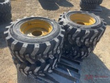 (4) NEW 12-16.5 SKID STEER TIRES AND NH/JOHN DEERE/CAT WHEELS