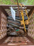 CRATE OF NEW PLOW POINTS, CHAIN HOOKS, RAKE TEETH