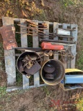 CONTENTS OF PALLET, ANTIQUE MILKING EQUIPMENT, BEAM HOOK AND PULLEY, GARDEN DUSTER