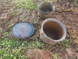 TWO CAST IRON POTS, TWO CAST IRON PANS