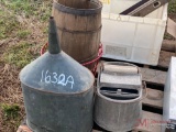 ANTIQUE FUNNEL, MOP BUCKET, BASKET