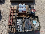 PALLET OF WRENCHES, CHALK, WIRE WHEELS, BOLT CUTTER, PRY BARS