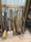 VARIOUS HAND TOOLS SHOVELS, RAKES, HAMMERS, BROOMS, POST HOLE DIGGERS, AX