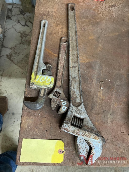 (2) ADJUSTABLE WRENCHES AND PIPE WRENCH