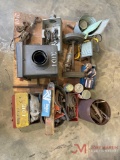 CONTENTS OF PALLET DRAIN BOX, SHOP LIGHT, VARIOUS TOOLS, COME-A-LONG