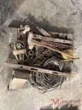 CONTENTS OF PALLET LEVEL, CABLE, COME-A-LONG, RATCHET STRAP, WINCH STRAP, DRAW BARS