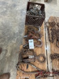 LOG TONGS, HEAVY DUTY HOOKS, CRATE OF VARIOUS CHAINS