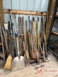 VARIOUS HAND TOOLS SHOVELS, RAKES, HAMMERS, BROOMS, POST HOLE DIGGERS, AX