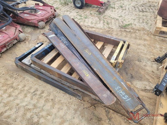 PALLET OF VARIOUS NUMEROUS FORKS AND FORK EXTENSIONS, NO BACKING FRAMES...USED