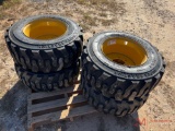 (4) NEW FORERUNNER 12-16.5 SKID STEER TIRES WITH YELLOW WHEELS