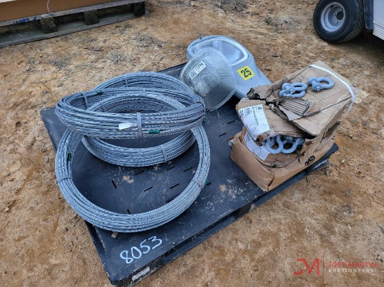 (1) SECURITY LIGHT, (3) GUY WIRE 250 FOOT SPOOLS, (2) BOXES SHACKLES, (25) TENSION SPLICE
