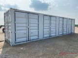 ONE TRIP 40' SHIPPING CONTAINER, END DOORS, 4 SIDE ENTRY DOORS, LOCK BOX