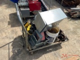 ROLLING SHOP CART WITH VARIOUS STRAPS, ENGINE PARTS, AND SHOP LIGHT