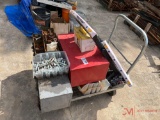 ROLLING SHOP CART WITH BOLT BINS, SAW HORSES, VARIOUS BOLTS AND CABLE CLAMPS