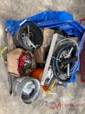 CONTENTS OF PALLET, VARIOUS CHAIN HOOKS, FUEL PUMP HOSE AND NOZZLE, ASSORTED BOLTS