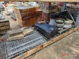CONTENTS OF SHELF, PLASTIC TANK, VARIOUS WHEELS AND TIRES