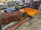 CONTENTS OF SHELF, VARIOUS CONSTRUCTION SIGNS, METAL WOOD BURNING STOVE