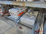 CONTENTS OF THREE SHELVES, CONSTRUCTION SIGNS, BARRICADES, METAL PIPE FITTINGS AND ALUMINUM STEPS