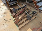 CONTENTS OF PALLET, METAL STAND, HANDTRUCK, TWO ROLLING TRAILER LANDING GEARS