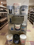 RACK OF VARIOUS BUCKETS OF PAINT AND SEALERS