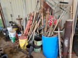 NUMEROUS HAND TOOLS, COOLERS, CONCRETE TROWELS, AND SAFETY SIGNS
