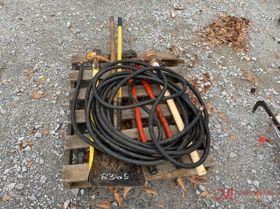 MISCELLANEOUS SHOVEL, PICK, WOOD SPLITTER, HOSE, BOLT CUTTER