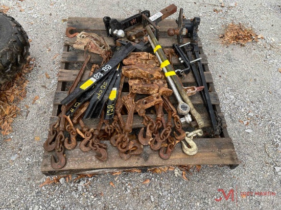 CONTENTS OF PALLET: RECIEVER HITCHES, RATCHETS, JCB SKID TEETH, LAWNMOWER BLADES