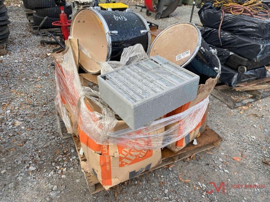 PALLET OF MISCELLANEOUS SHOP VAC, DRUMS, BENCH GRINDER, BOLT BEN, SERVICE MANUALS, SPRAYER