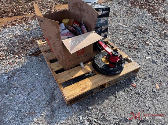 PALLET OF MISCELLANEOUS LIGHTS, SAW CUT OFF WHEELS, ROTORS, COME--ALONG