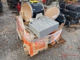 PALLET OF MISCELLANEOUS SHOP VAC, DRUMS, BENCH GRINDER, BOLT BEN, SERVICE MANUALS, SPRAYER
