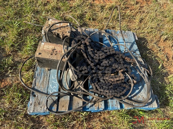 PALLET OF MISCELLANEOUS CHAIN, TANK, AND BATTERIES
