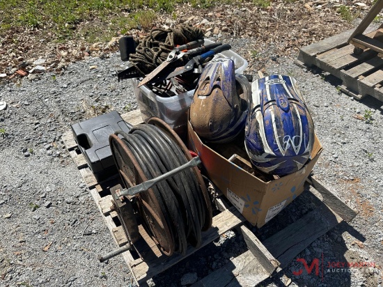 CONTENTS OF PALLET: HELMET, ROPE, BLOWER, EXT. CORD, HEDGE TRIMMER