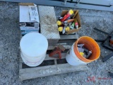 CONTENTS OF PALLET JACK STAND, BUCKETS, TOOL BOX