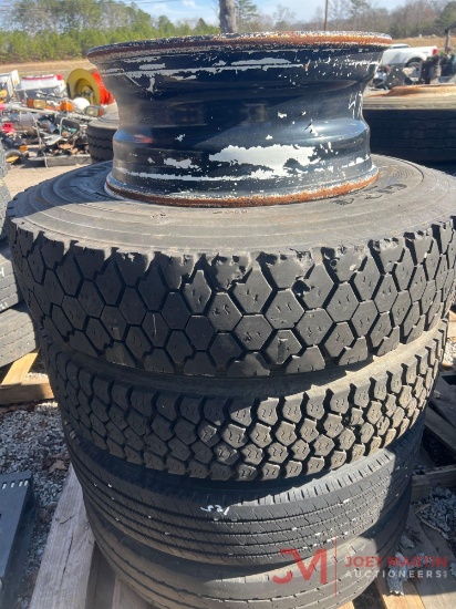 PALLET OF (4) VARIOUS TIRES & STEEL WHEELS, (1) STEEL WHEEL
