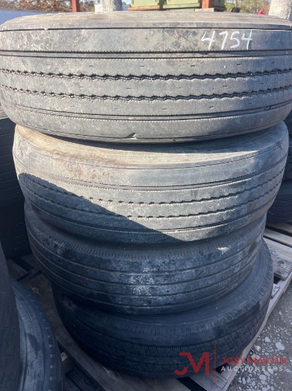 PALLET OF (4) 295/75/R22.5 TIRES & ALUMINUM WHEELS