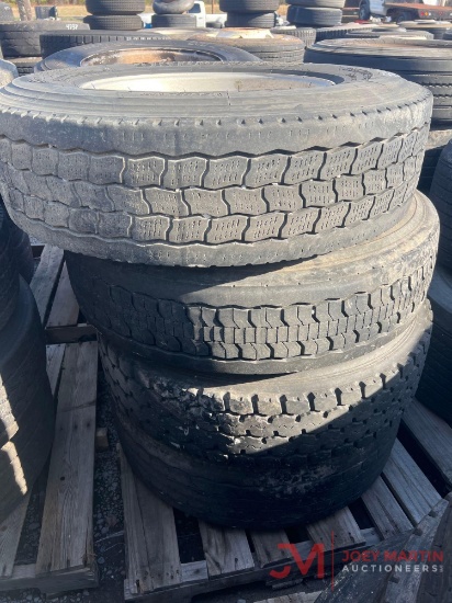 PALLET OF (4) 295/75/R22.5 TIRES & ALUMINUM WHEELS