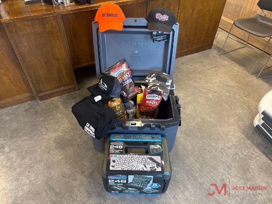 NEW IGLOO 50QT COOLER, NEW POWER TORQUE 248 PIECE MECHANIC'S TOOL SET, HATS, SHIRTS, AND MORE, (LOT