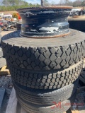 PALLET OF (4) VARIOUS TIRES & STEEL WHEELS, (1) STEEL WHEEL