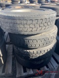 PALLET OF (4) 295/75/R22.5 TIRES & ALUMINUM WHEELS
