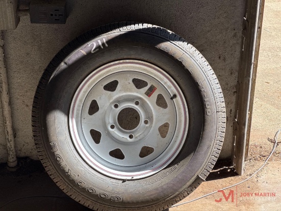 (1) GOODYEAR ST205/75R15 TRAILER TIRE & 5 LUG WHEEL