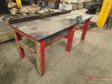 8' X 3' WOODEN SHOP TABLE WITH VISE (TABLE ONLY, NO CONTENTS)