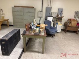 CONTENTS OF OFFICE: TABLES, CABINETS, CHAIR, & ANTIQUES
