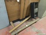 ROLLING METAL FRAME, WOODEN CABINET, (2) ROLLING TABLES