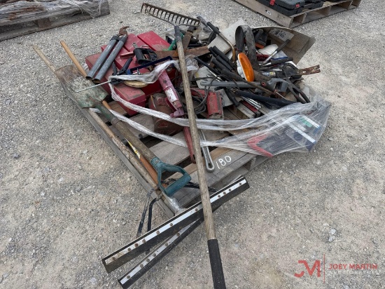 CONTENTS OF PALLET VARIOUS HAND TOOLS, WRENCHES, LEVELS, RACKS, SHOVEL